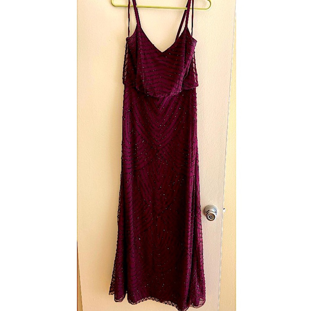Adrianna Papell Art Deco beaded blouson gown in cassis